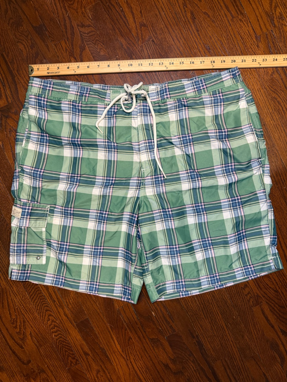Chaps Green Plaid Swim Trunks with Drawstring/Velcro front - XXL